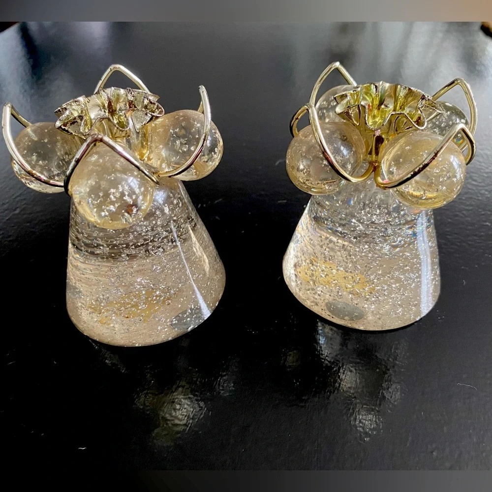 Vintage Lucite Acrylic Candle Sticks Holders Clear W/Gold Flecks Cone & Ball